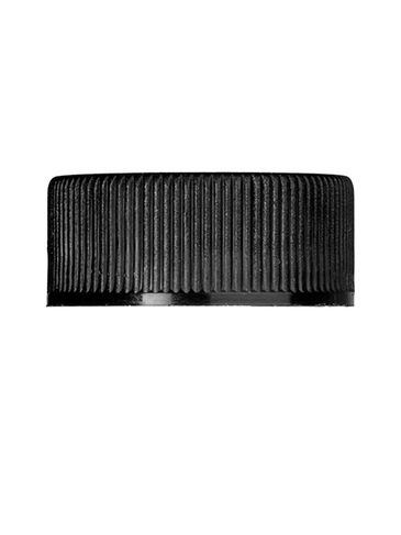 Black PP plastic 24-400 ribbed skirt lid with printed pressure sensitive (PS) liner