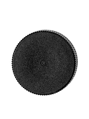 Black PP plastic 24-400 ribbed skirt lid with printed pressure sensitive (PS) liner