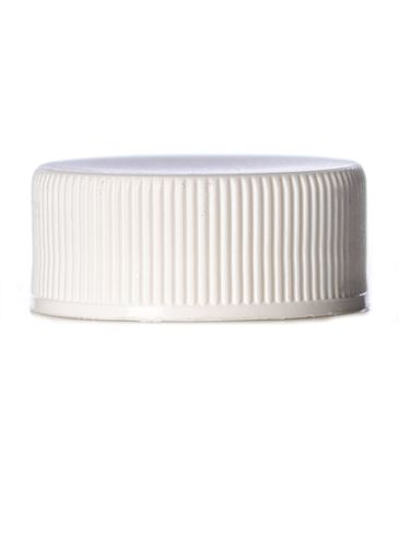White PP plastic 24-400 ribbed skirt lid with  printed pressure sensitive (PS) liner