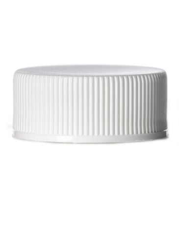 White PP plastic 24-400 ribbed skirt lid with printed universal heat induction seal (HIS) liner