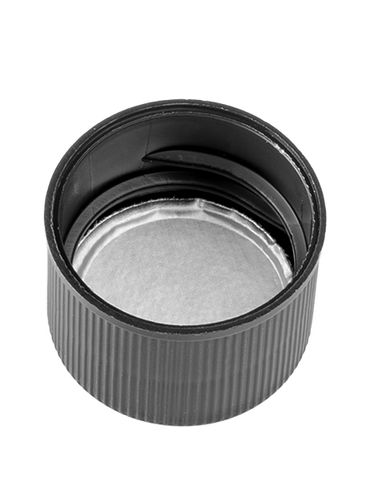 Black PP plastic 20-410 ribbed skirt lid with printed universal heat induction seal (HIS) liner