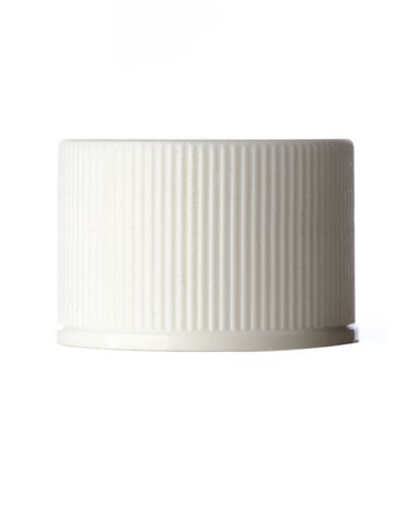 White PP plastic 20-410 ribbed skirt lid with printed universal heat induction seal (HIS) liner