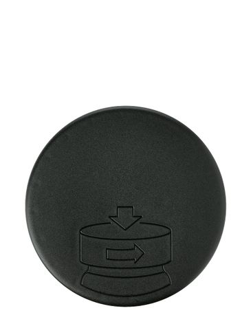 Black PP plastic 89-400 child-resistant smooth pictorial lid with unprinted universal heat induction seal (HIS) liner