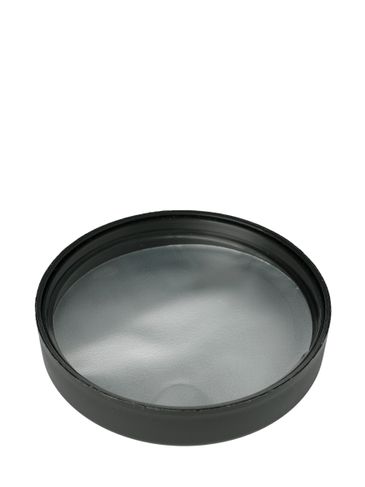 Black PP plastic 89-400 child-resistant smooth pictorial lid with unprinted universal heat induction seal (HIS) liner