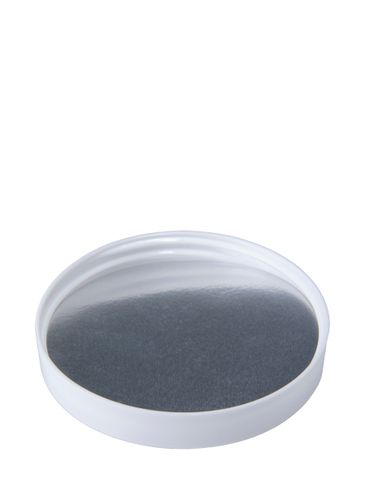 White PP plastic 89-400 smooth skirt lid with unprinted heat induction seal (HIS) liner with pull tab (for HDPE, MDPE, and LDPE and PP plastic containers only)