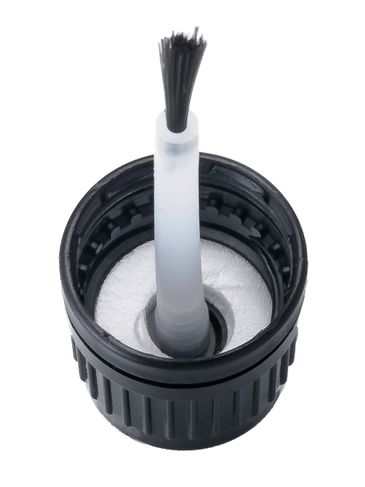 Black PP plastic 18-410 tamper-evident brush cap with 2.15625 inch brush and foam liner