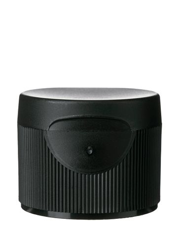 Black PP plastic 24-410 ribbed skirt hinged flip top snap dispensing lid with pressure sensitive (PS) liner (0.25 inch orifice)