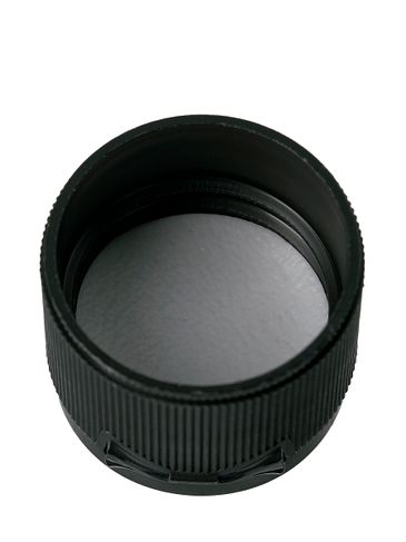 Black PP plastic 24-410 ribbed skirt hinged flip top snap dispensing lid with pressure sensitive (PS) liner (0.25 inch orifice)