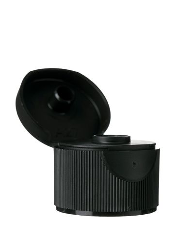 Black PP plastic 24-410 ribbed skirt hinged flip top snap dispensing lid with pressure sensitive (PS) liner (0.25 inch orifice)