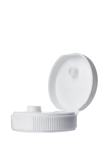 White PP plastic 38-400 ribbed skirt hinged flip top snap dispensing lid with unprinted pressure sensitive (PS) liner (0.25 inch orifice)