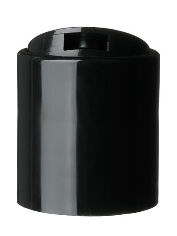 Black PP plastic 20-410 smooth skirt disc top lid with unprinted foil pressure sensitive liner (0.270 inch orifice)