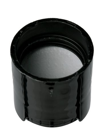 Black PP plastic 20-410 smooth skirt disc top lid with unprinted foil pressure sensitive liner (0.270 inch orifice)