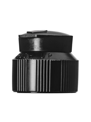Black LDPE plastic 24-410 ribbed skirt dispensing lid with strap cap (0.12 inch orifice)