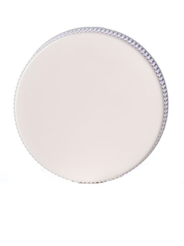 White PP plastic 28-400 ribbed skirt lid with printed universal heat induction seal (HIS) liner