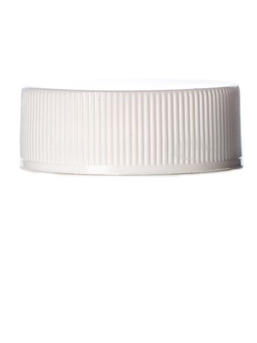 White PP plastic 28-400 ribbed skirt lid with printed universal heat induction seal (HIS) liner