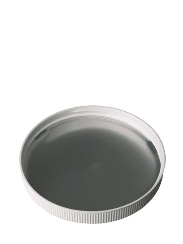 White PP plastic 110-400 ribbed shallow skirt lid with heat induction seal (HIS) liner (for PE and PP containers only)