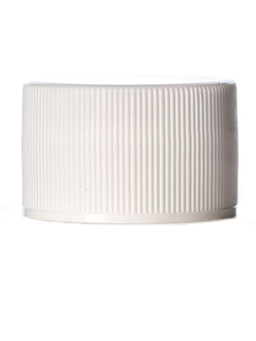 White PP plastic 28-410 ribbed skirt lid with printed pressure sensitive (PS) liner