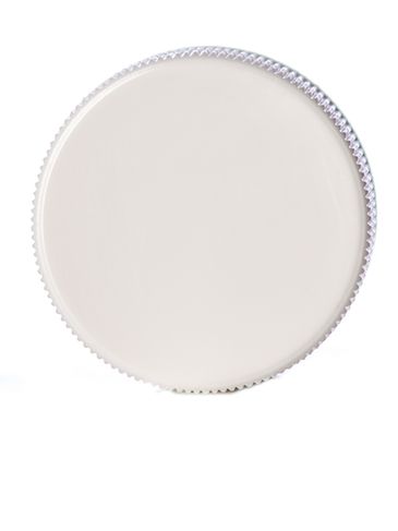White PP plastic 28-410 ribbed skirt lid with printed universal heat induction seal (HIS) liner