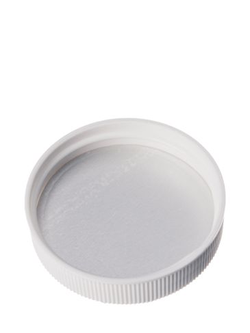 White PP plastic 45-400 ribbed skirt lid with 2-piece printed heat induction seal (HIS) liner (for HDPE, MDPE and LDPE containers only)