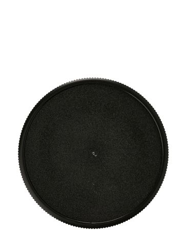 Black PP plastic 48-400 ribbed skirt lid with unprinted universal heat induction seal (HIS) liner