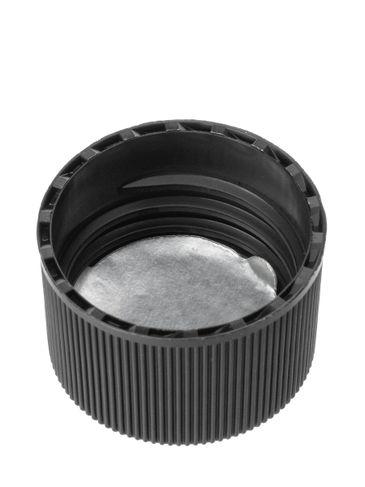 Black PP plastic 28-410 ribbed skirt lid with 2-piece heat induction seal (HIS) liner (for PET containers only)