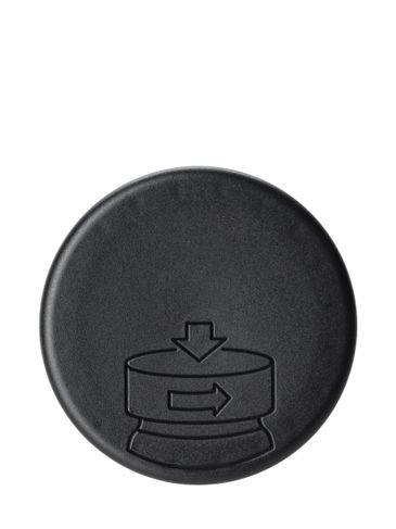 Black PP plastic 53-400 child-resistant smooth pictorial lid with unprinted universal heat induction seal (HIS) liner
