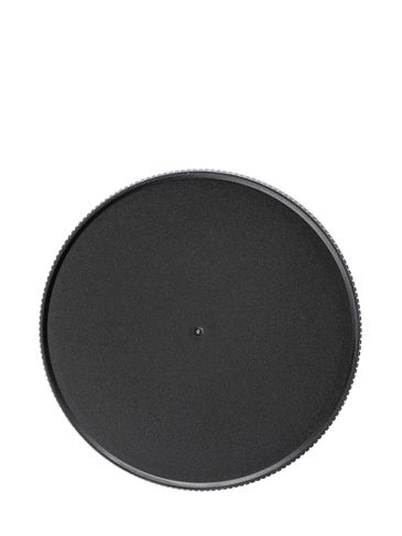 Black PP plastic 89-400 ribbed skirt lid with printed universal heat induction seal (HIS) liner