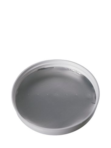 White PP plastic 100-400 smooth skirt lid with vented printed universal heat induction seal (HIS) liner