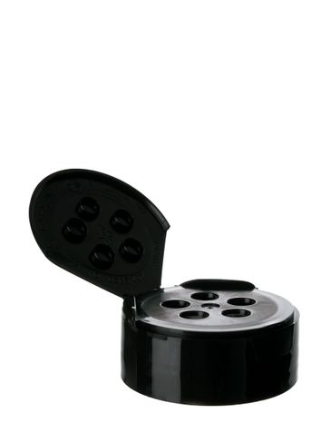 Black PP plastic 43-485 smooth skirt 5-hole flip top sifter spice lid with universal heat induction seal (HIS) liner (.250 inch orifice)