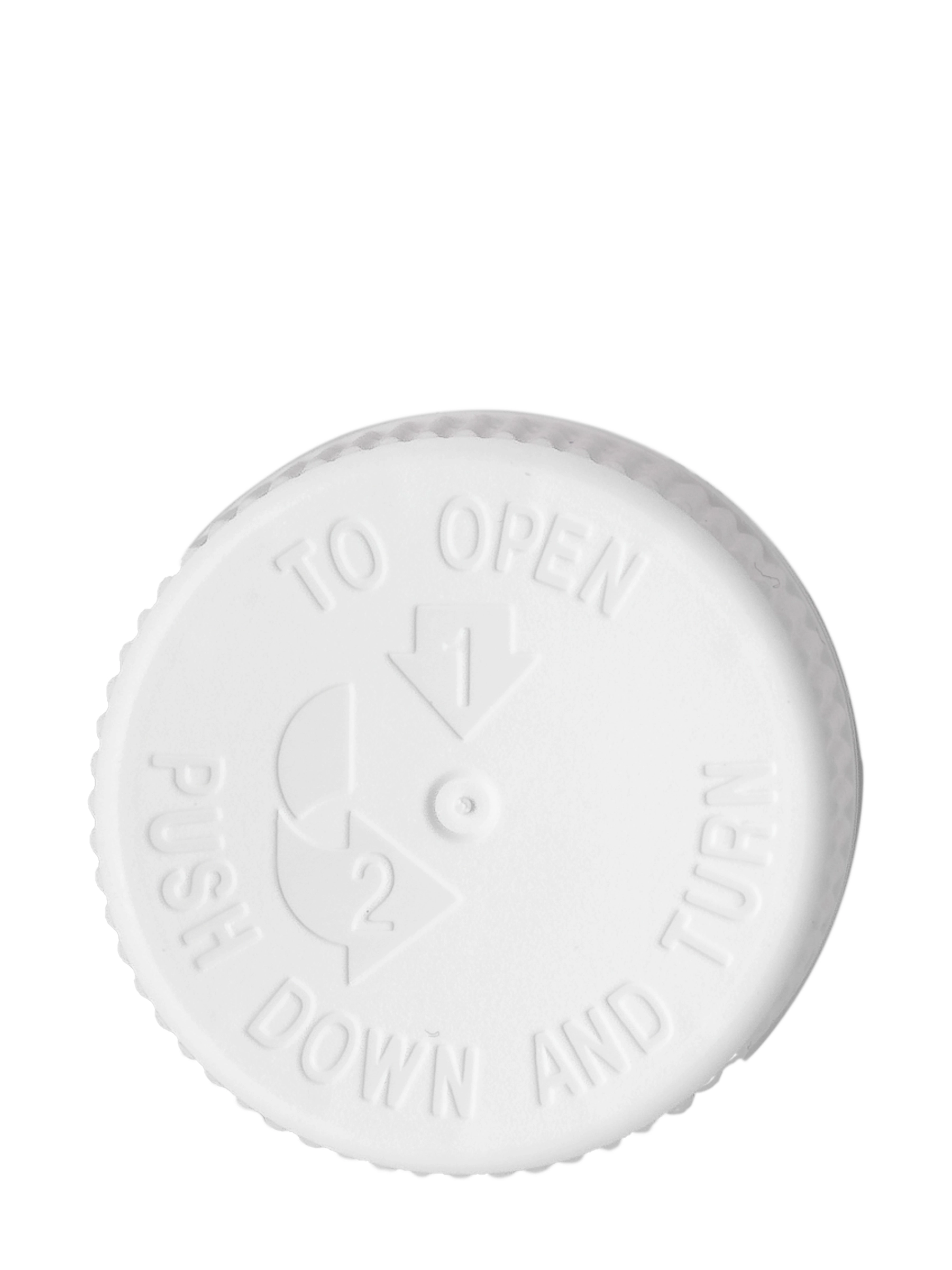 White PP Plastic 33-400 Child-Resistant Text-Embossed Lid – L18110WHH145