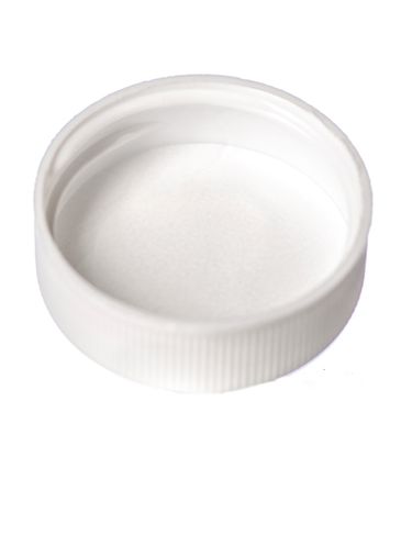 White PP plastic 33-400 ribbed skirt lid with unprinted pressure sensitive (PS) liner