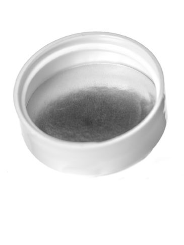 White PP plastic 33-400 smooth skirt lid with printed universal heat induction seal (HIS) liner