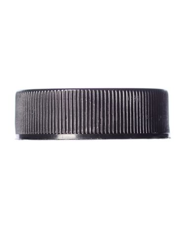 Black PP plastic 33-400 ribbed skirt lid with printed pressure sensitive (PS) liner