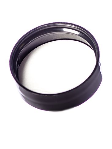 Black PP plastic 33-400 smooth skirt top-gated lid with printed pressure sensitive (PS) liner