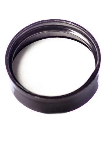 Black PP plastic 33-400 smooth skirt side-gated lid with printed pressure sensitive (PS) liner