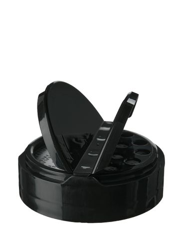 Black PP plastic 63-485 smooth skirt 7-hole dual flip top spice sifter lid with universal heat induction seal (HIS) liner (0.230 inch orifice)