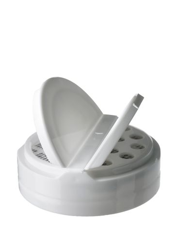 White PP plastic 63-485 smooth skirt 7-hole dual flip top spice sifter lid with universal heat induction seal (HIS) liner (0.230 inch orifice)