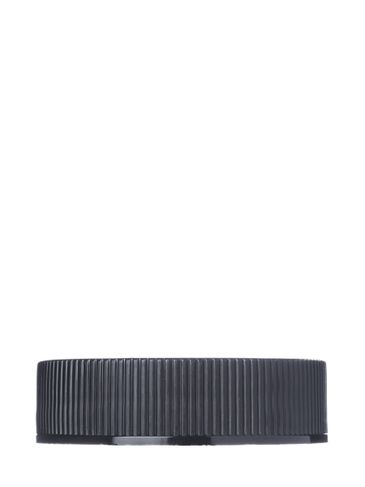 Black PP plastic 38-400 ribbed skirt lid with printed universal heat induction seal (HIS) liner