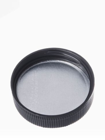 Black PP plastic 38-400 ribbed skirt lid with printed universal heat induction seal (HIS) liner