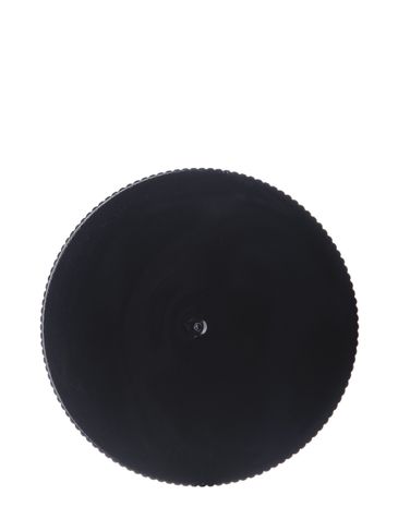 Black PP plastic 38-400 ribbed skirt lid with printed universal heat induction seal (HIS) liner