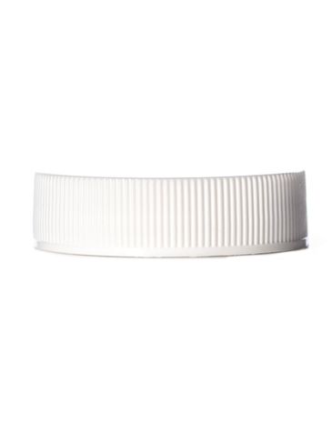 White PP plastic 38-400 ribbed skirt lid with printed universal heat induction seal (HIS) liner