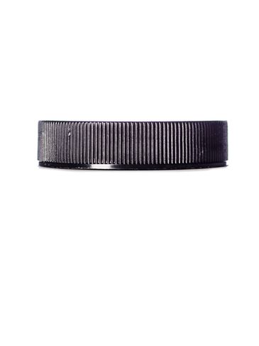 Black PP plastic 45-400 ribbed skirt lid with printed universal heat induction seal (HIS) liner