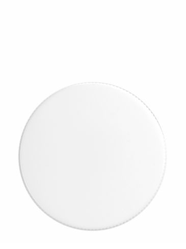 White PP plastic 45-400 ribbed skirt lid with printed universal heat induction seal (HIS) liner