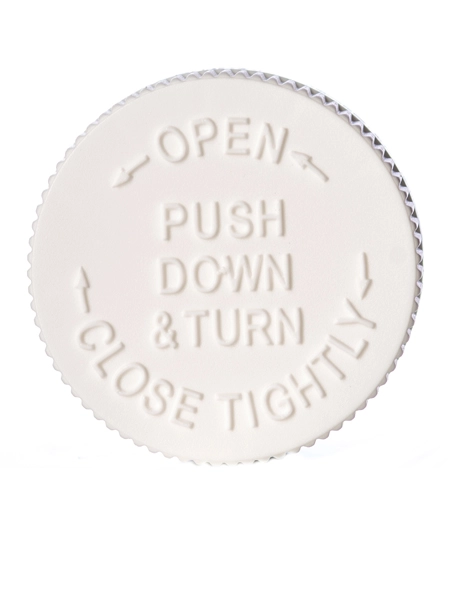 White PP Plastic 45-400 Ribbed Skirt Child-Resistant Text-Embossed Lid – L207S