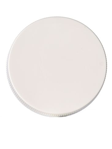 White PP plastic 48-400 ribbed skirt lid with printed pressure sensitive (PS) liner