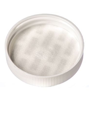 White PP plastic 48-400 ribbed skirt lid with printed pressure sensitive (PS) liner