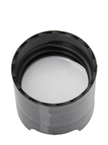 Black PP plastic 24-410 smooth skirt disc top lid with unprinted foam pressure sensitive (PS) liner (.308 inch orifice)