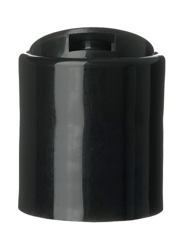 Black PP plastic 20-410 smooth skirt domed disc top lid with universal heat induction seal (HIS) liner