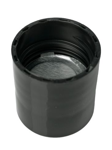 Black PP plastic 20-410 smooth skirt domed disc top lid with universal heat induction seal (HIS) liner