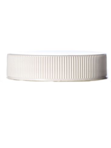 White PP plastic 43-400 ribbed skirt lid with printed universal heat induction seal (HIS) liner